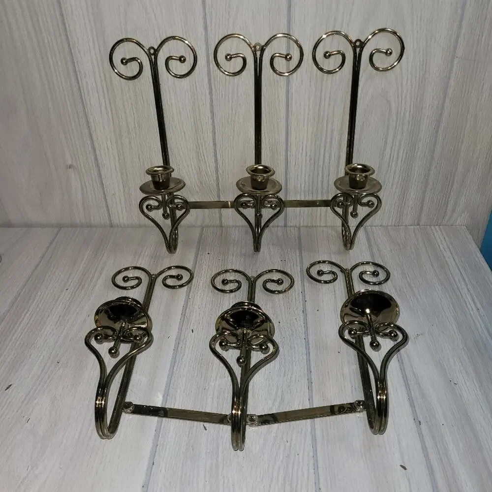 Vtg Brass Wall Mount Triple Sconce Pair Home Interior Candle Holders Gothic MCM